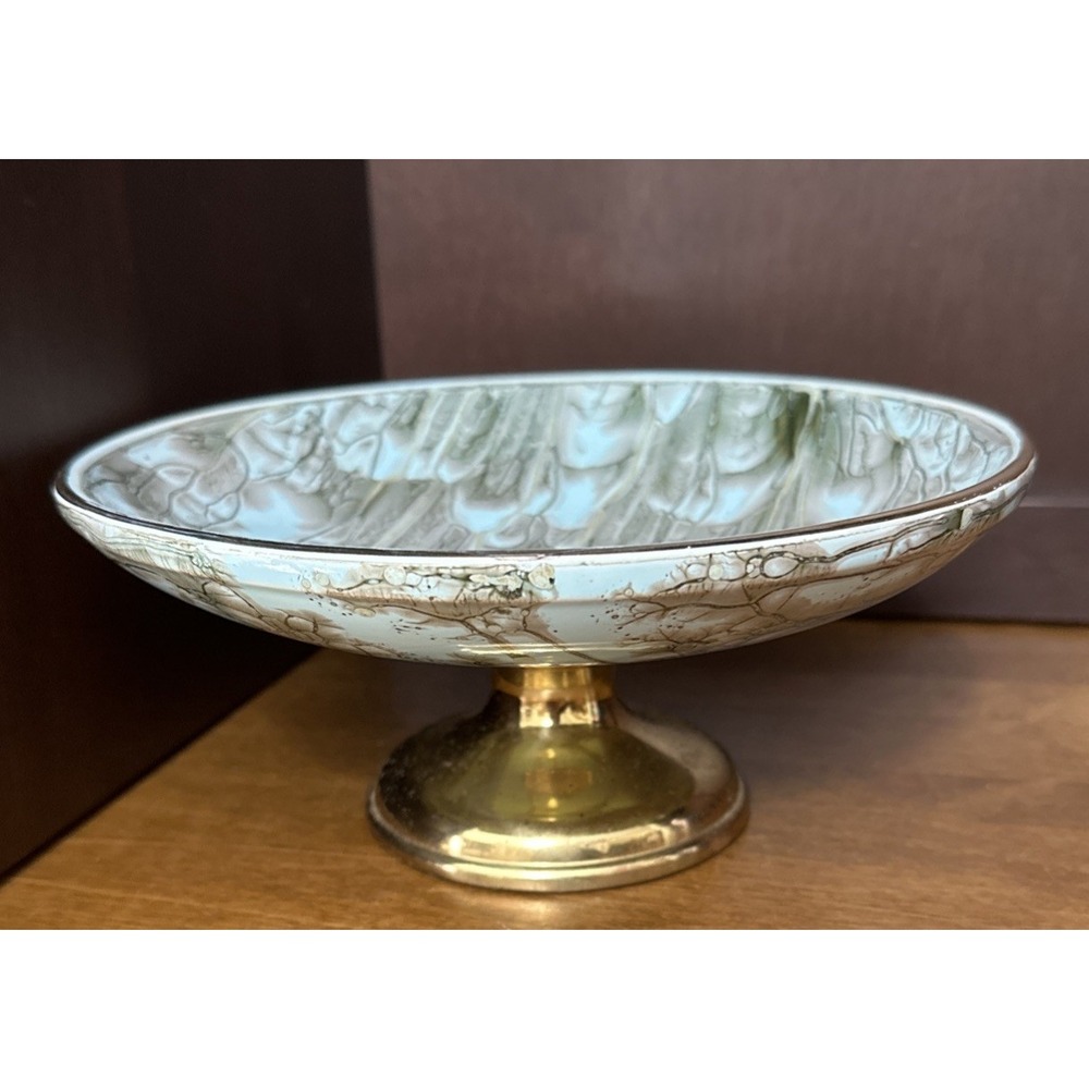 Delft Holland Pedestal Bowl Gold Trim Sea Green Hand Painted Dish MCM Vintage